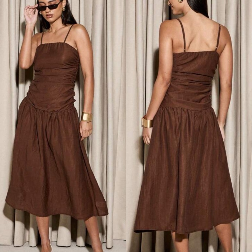 Brown linen drop waist ruched midi dress
